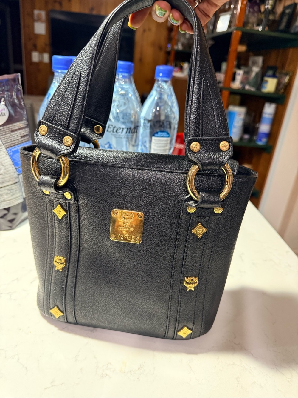 MCM Black Leather Shoulder Tote with Gold Hardware